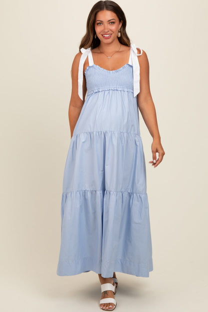 Light Blue Contrast Shoulder Straps Maternity Maxi Dress