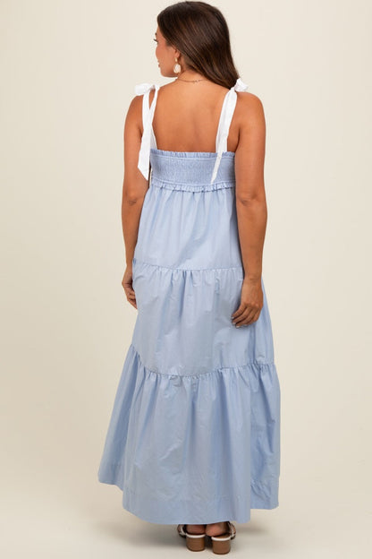 Light Blue Contrast Shoulder Straps Maternity Maxi Dress
