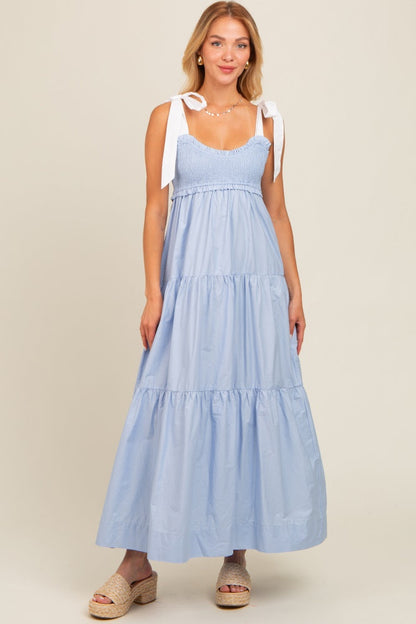Light Blue Contrast Shoulder Straps Maternity Maxi Dress