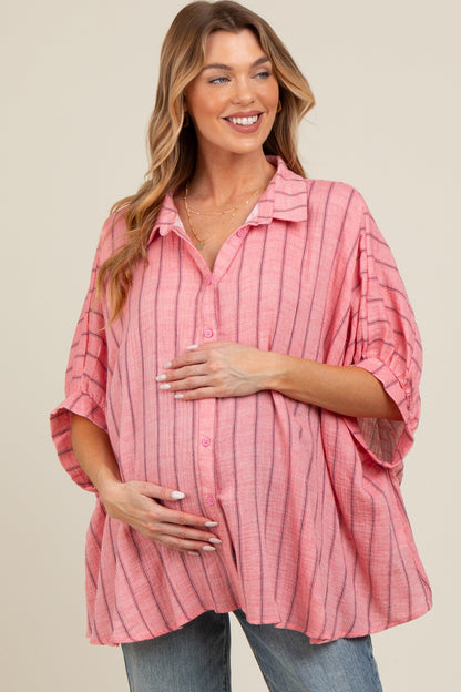 Pink Striped Collared Oversized Maternity Top