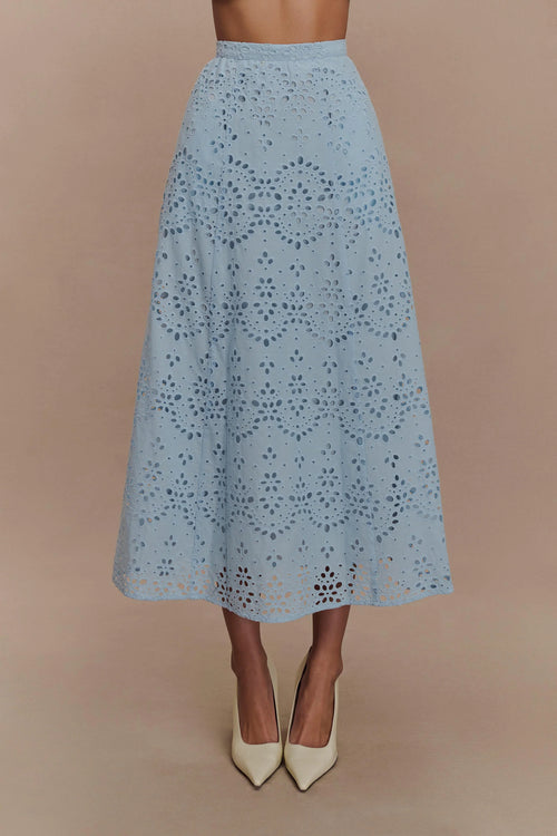 Arla Broderie Midi Skirt Pale Cornflower Blue