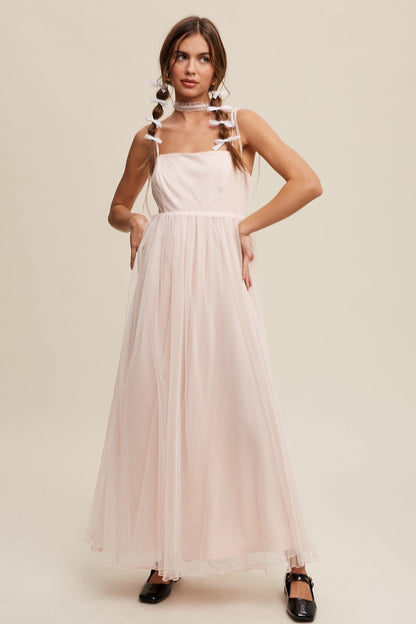 Light Pink Square Neck Shoulder Tie Tulle Maternity Maxi Dress