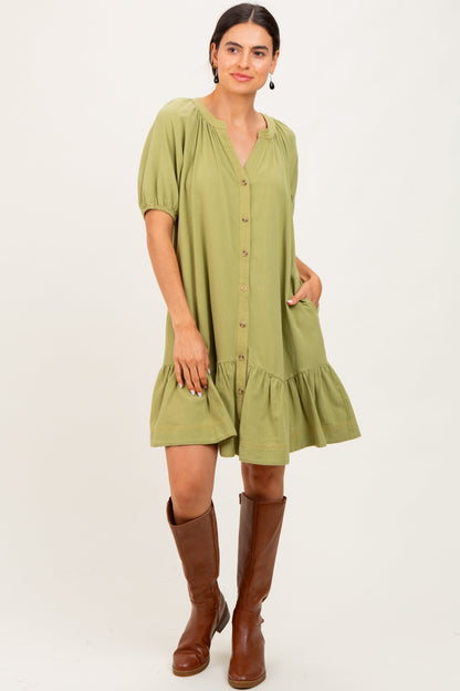 Light Olive Button Front Short Puff Sleeve Maternity Dress