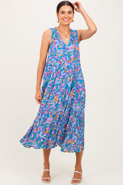 Teal Floral Ruffle Mock Neck Tiered Sleeveless Maternity Midi Dress