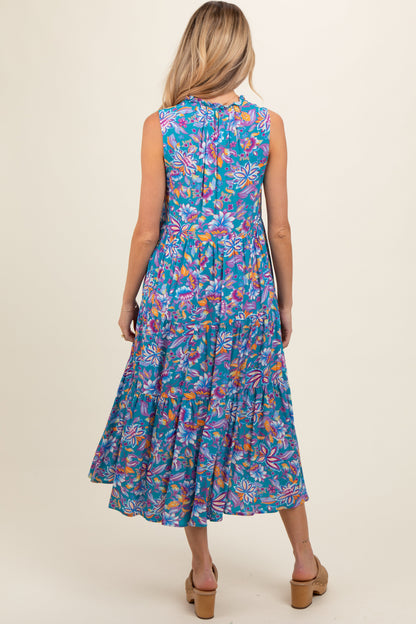Teal Floral Ruffle Mock Neck Tiered Sleeveless Maternity Midi Dress