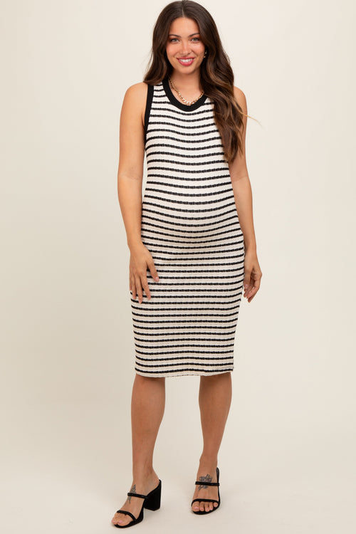 Cream Black Striped Sleeveless Fitted Knit Maternity Dress