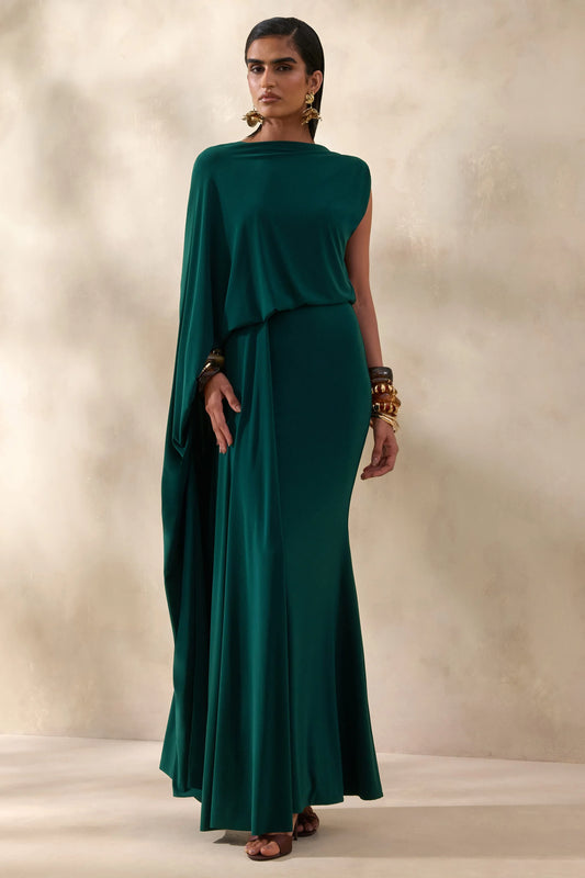Carenza Dark Green Wide Neck Maxi Dress With Cape Sleeve