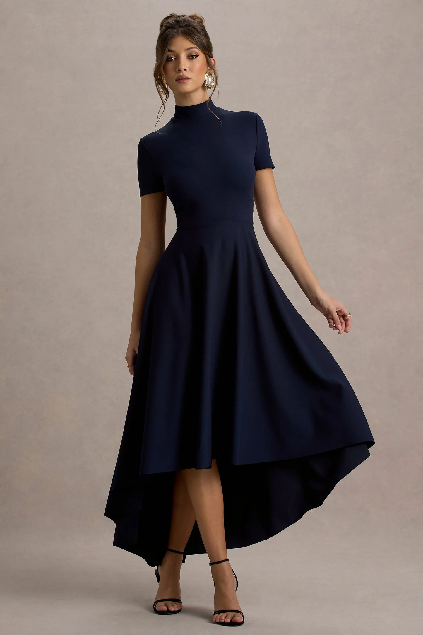 Bellona Navy High Neck High Low Midi Dress