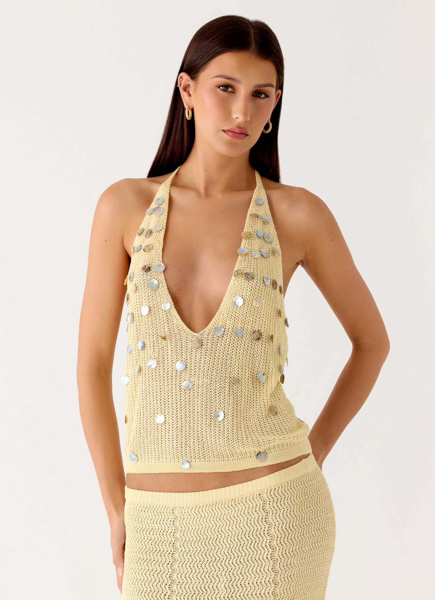 Adelaida Beaded Crochet Top Yellow