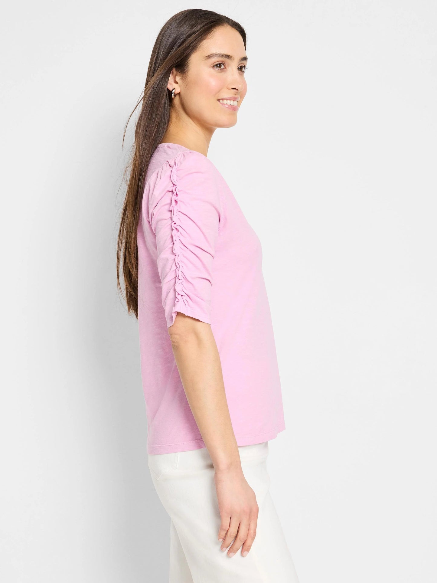 NZT Ruched Elbow Sleeve Split Neck Tee