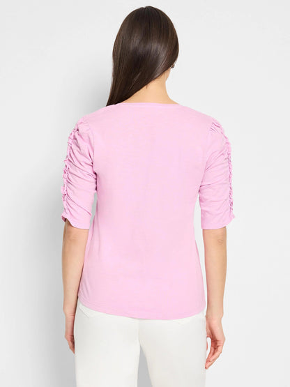 NZT Ruched Elbow Sleeve Split Neck Tee