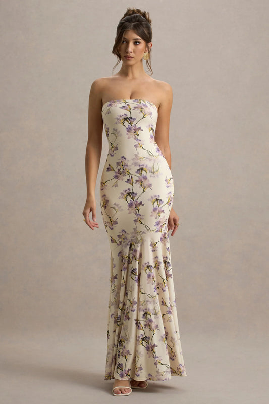 Callie Lemon Floral Print Bandeau Fishtail Maxi Dress