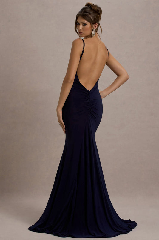 Adele Navy Backless Ruched Fishtail Cami Maxi Dress