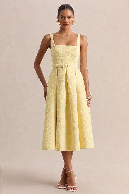 Camoria Lemon Boucle Square Neck Midi Dress