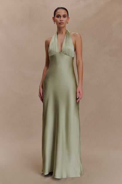 Alice Satin Halter Maxi Dress Sage