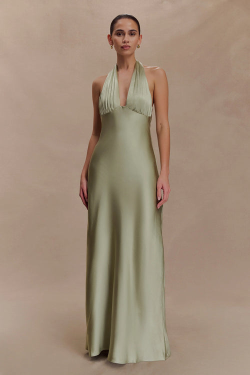 Alice Satin Halter Maxi Dress Sage