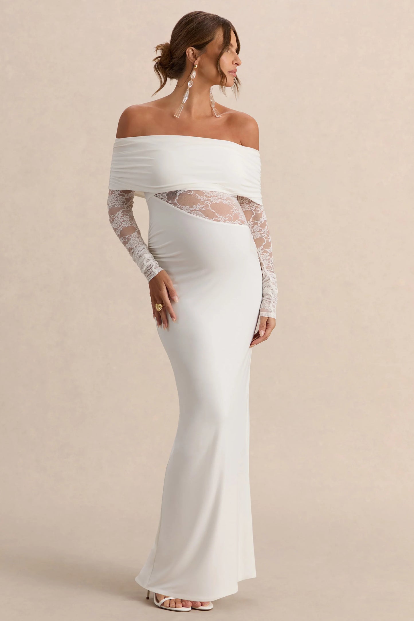 Artemisia White Bardot Neck Maternity Maxi Dress With Lace Detailing