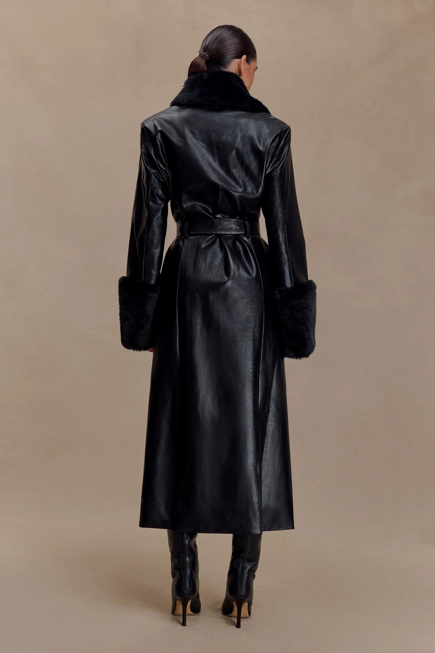 Bec Faux Leather Trench Coat With Faux Fur Black