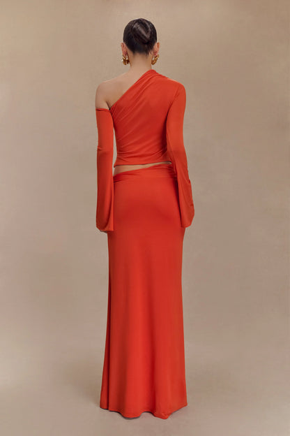 Ainsley Asymmetrical Maxi Skirt With Floral Hardware Burnt Orange