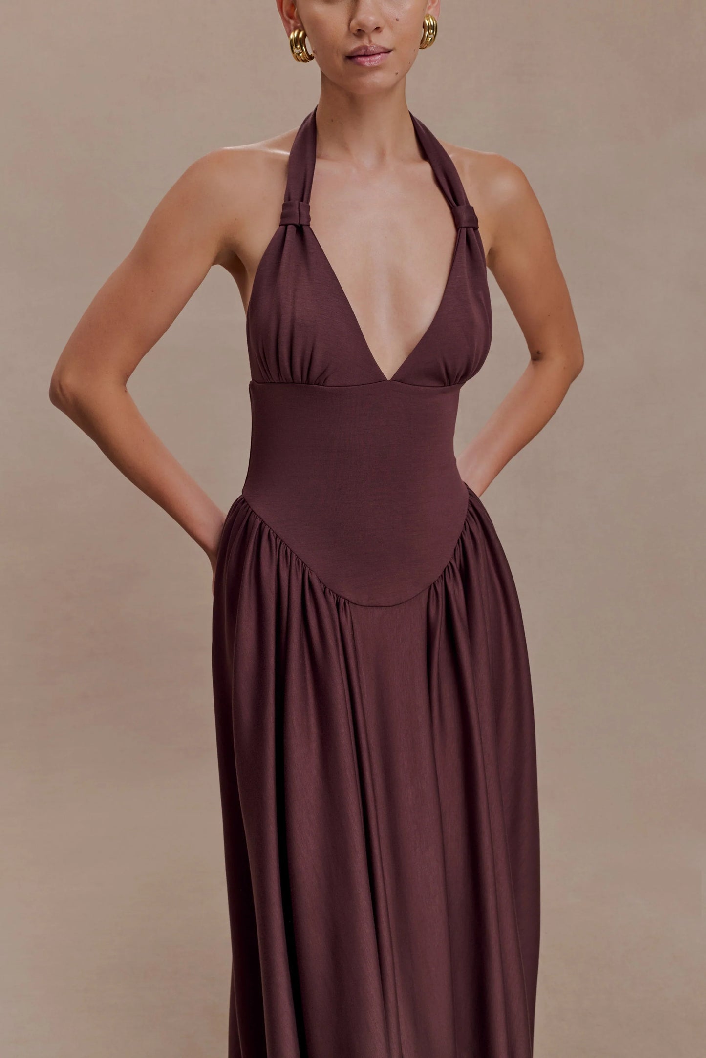 Angelina Scuba Halter Midi Dress Chocolate