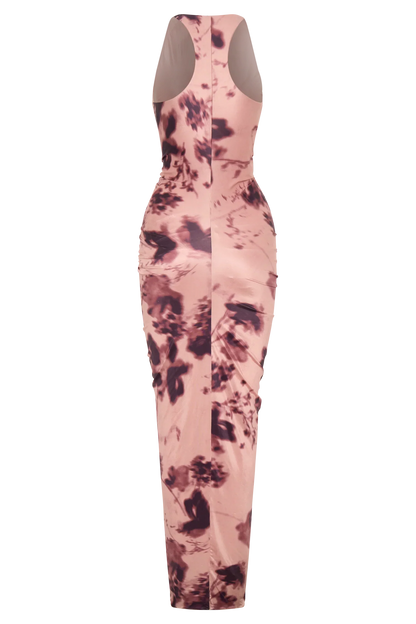 Alessandra Slinky Ruffle Maxi Dress Pink Blurred Floral Print