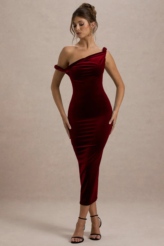 Carella Berry Velvet Twisted Asymmetric Midi Dress