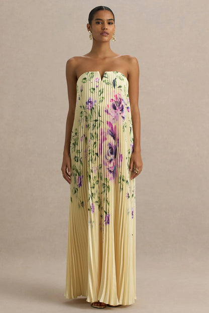 Bergamot Lemon Rose Print Satin Sweetheart Maxi Dress