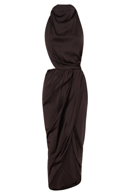 Aveline Draped Halter Midi Dress Dark Chocolate