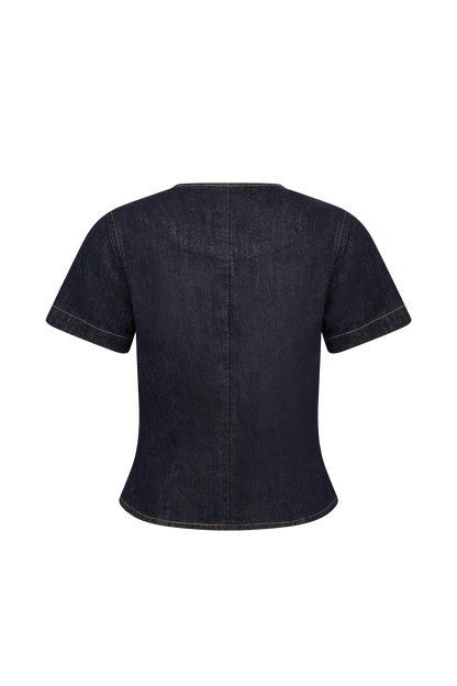 Bethany Short Sleeve Buttoned Denim Top Washed Indigo Blue