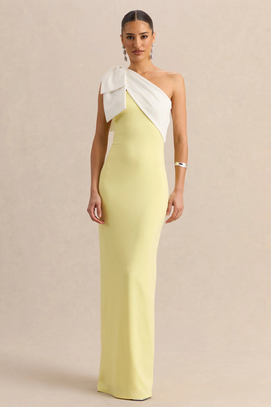 Adara Lemon White Asymmetric Neck Maxi Dress With Bow Detail