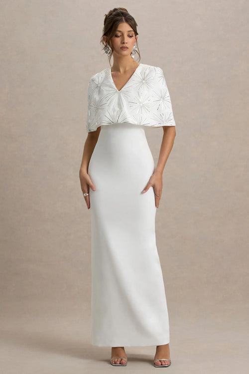 Agnella White Embellished V Neck Maxi Dress
