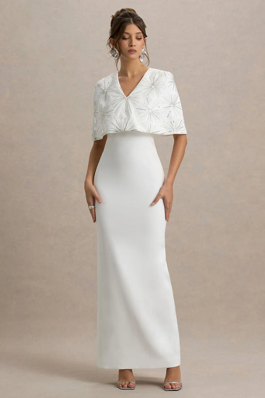 Agnella White Embellished V Neck Maxi Dress