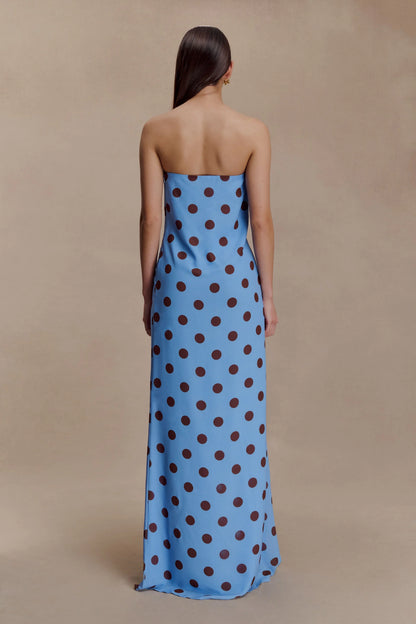 Amaya Strapless Chiffon Maxi Dress Blue Polka Dot