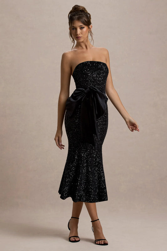 Adee Black Sequin Velvet Halter Neck Midi Dress With Bow