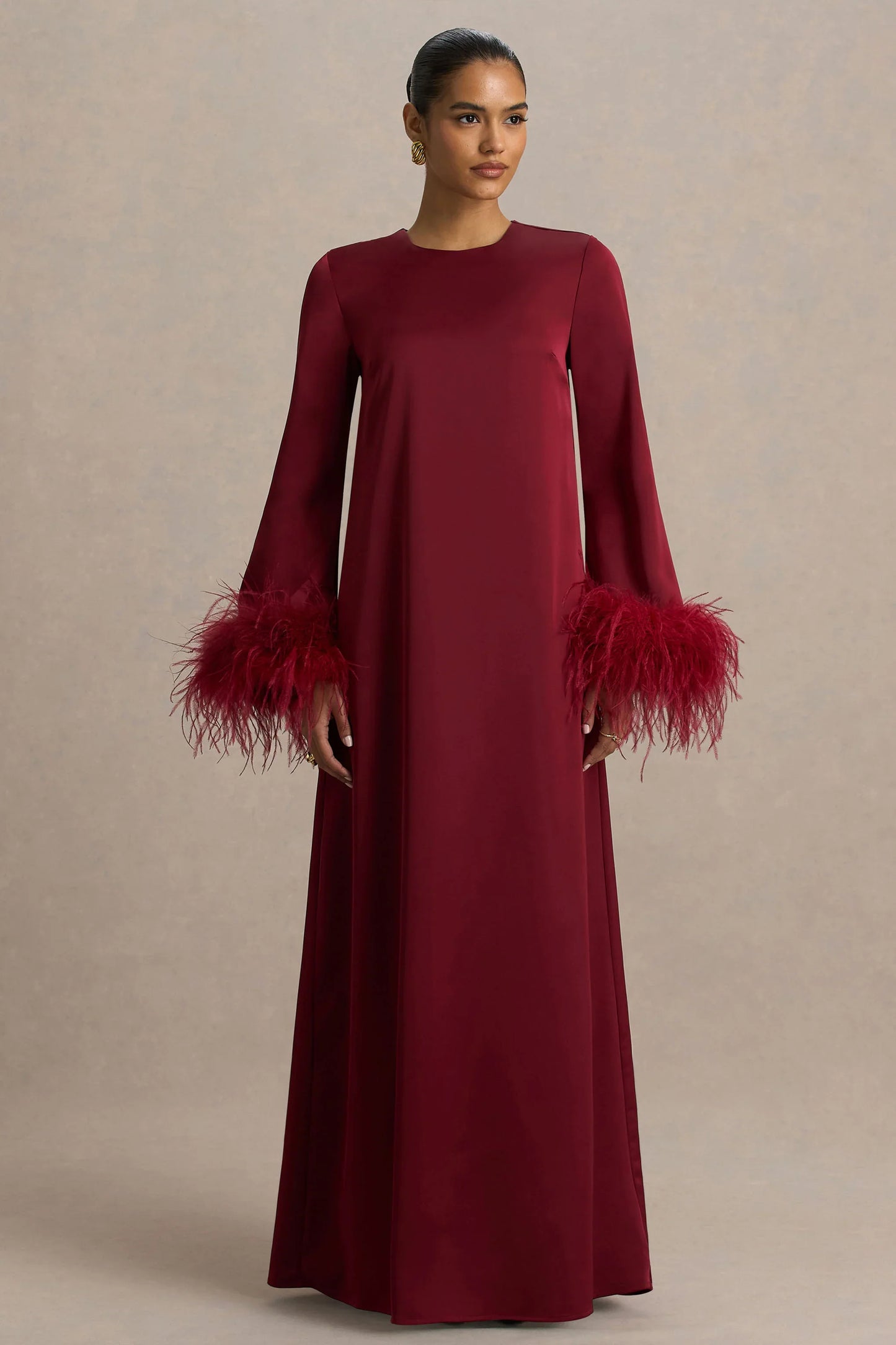Adella Burgundy Satin Feather Trim Maxi Dress