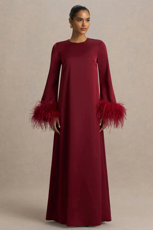 Adella Burgundy Satin Feather Trim Maxi Dress