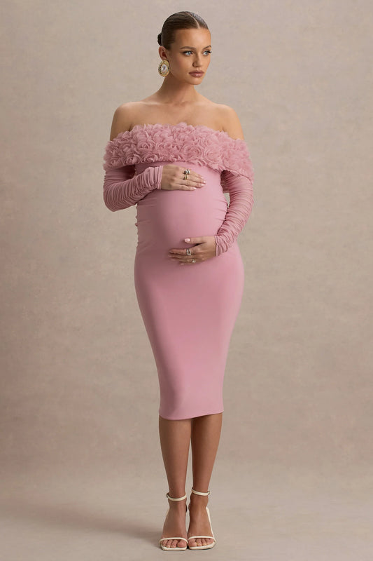 Adita Blush Pink Mesh Floral Bardot Maternity Midi Dress
