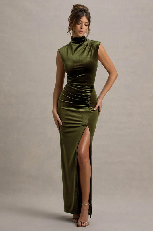 Abilene Olive Velvet High Neck Split Maxi Dress