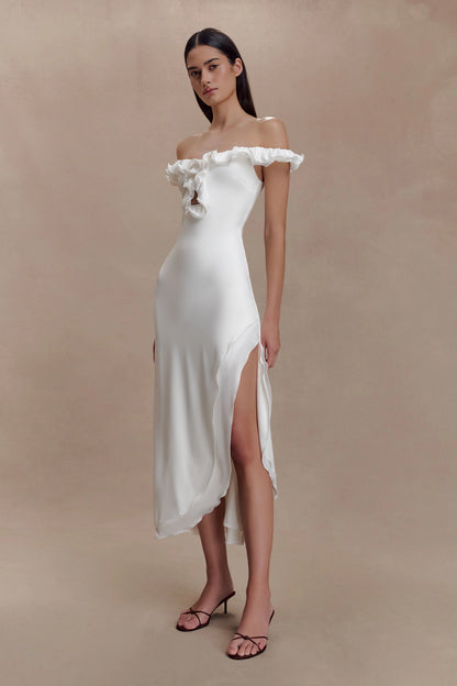 Allegra Off Shoulder Ruffle Midi Dress Ivory