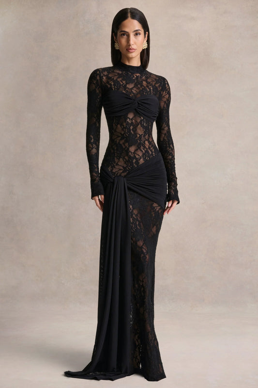 Akira Black Lace Maxi Dress With Sash Detail