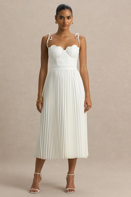 Agua Cream Satin Sweetheart Midi Dress With Pleated Skirt
