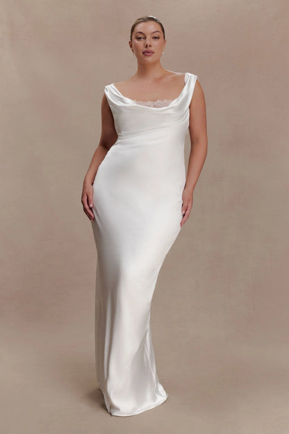 Ashley Cowl Neck Lace And Satin Maxi Dress Ivory