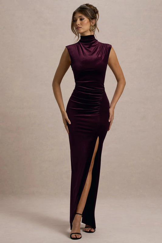 Abilene Port Velvet High Neck Split Maxi Dress