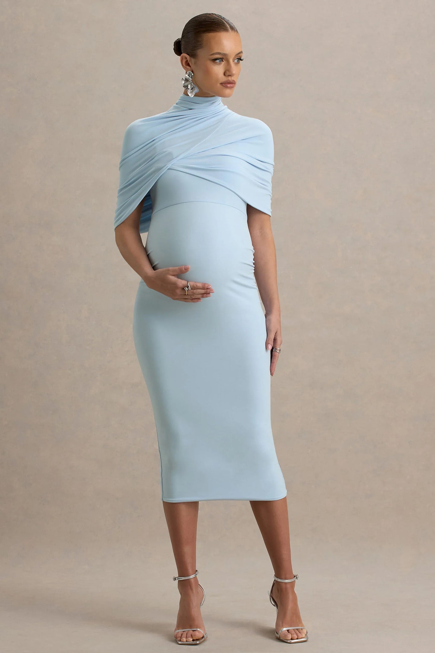 Augustina Powder Blue Maternity Midi Dress With Cape