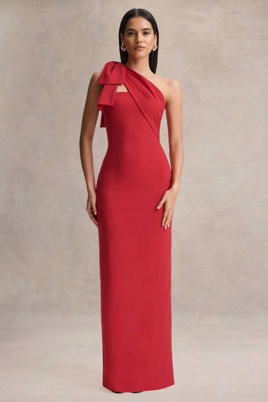 Adara Red Asymmetric Neck Maxi Dress With Bow Detail