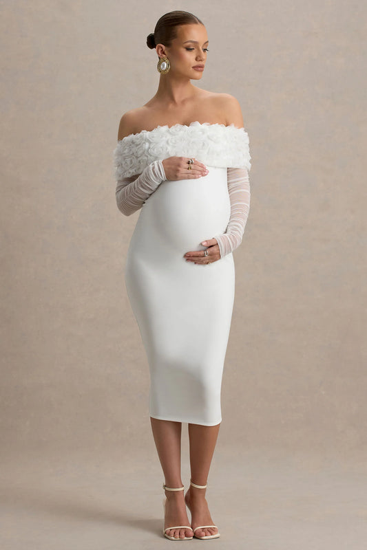 Adita White Mesh Floral Bardot Maternity Midi Dress