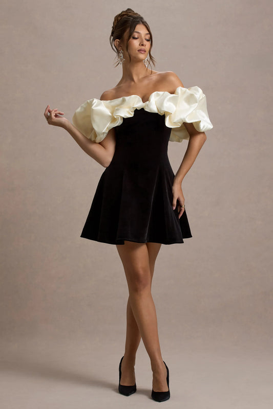 Brynne Black Cream Velvet Mini Dress With Satin Puff Sleeves