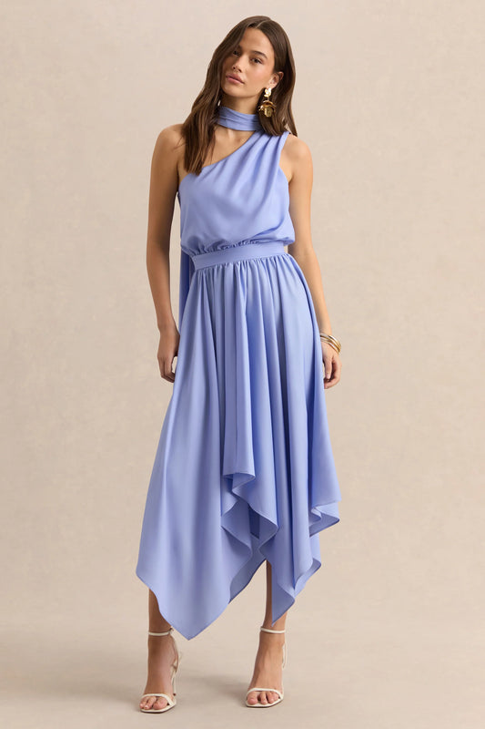 Caluna Powder Blue Satin Asymmetric Neck Midi Dress With Scarf Detail