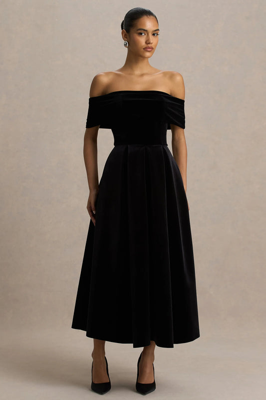 Ablaze Black Velvet Bardot Neck Midi Dress