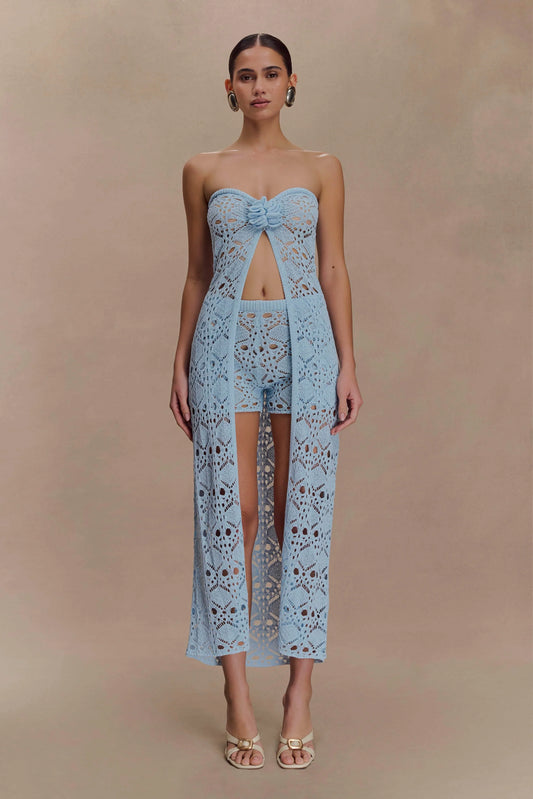 Aeline Strapless Crochet Knit Top Sky Blue